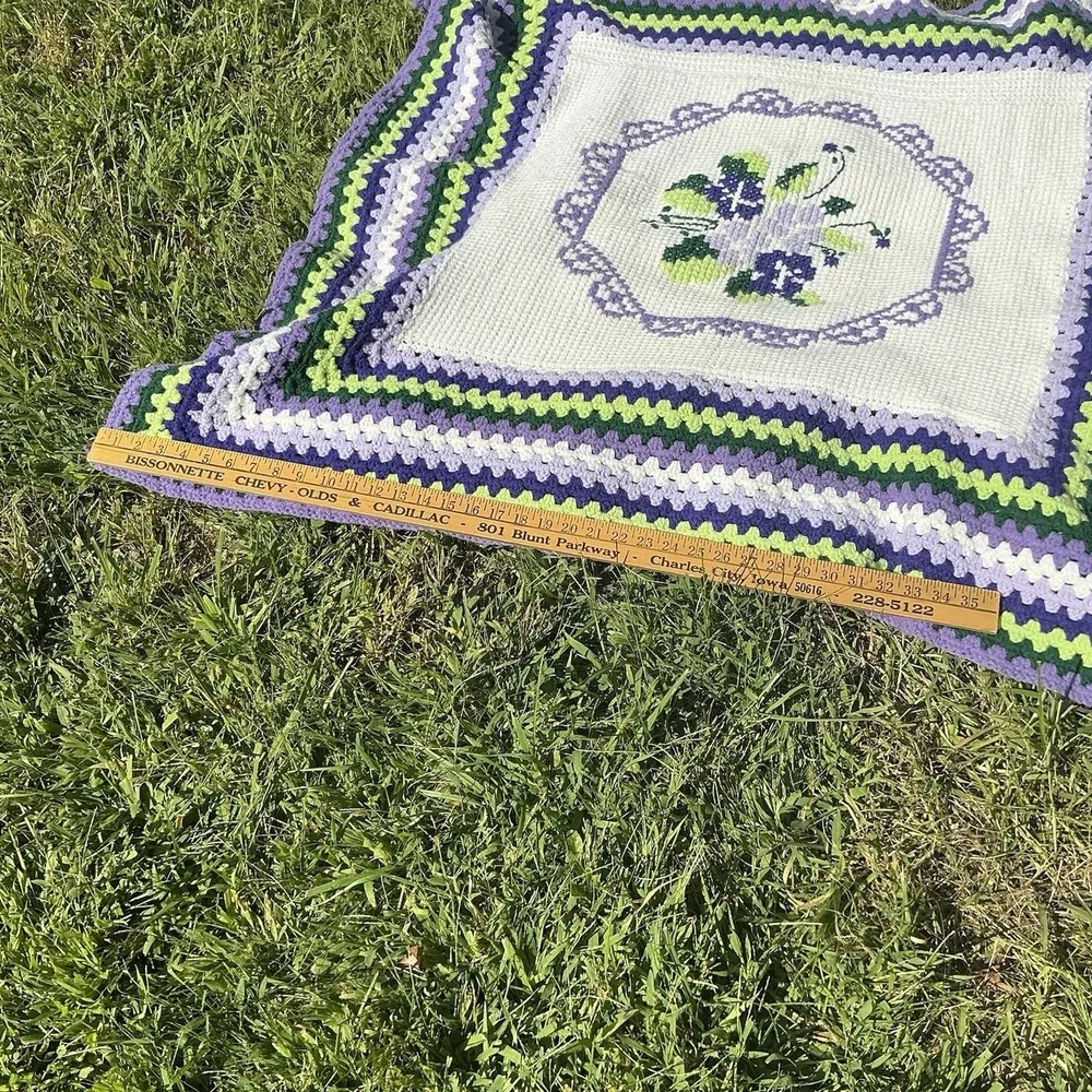 Vintage Crocheted Needlepoint Hand Made Quilt Blanket Afghan Throw Floral Purple